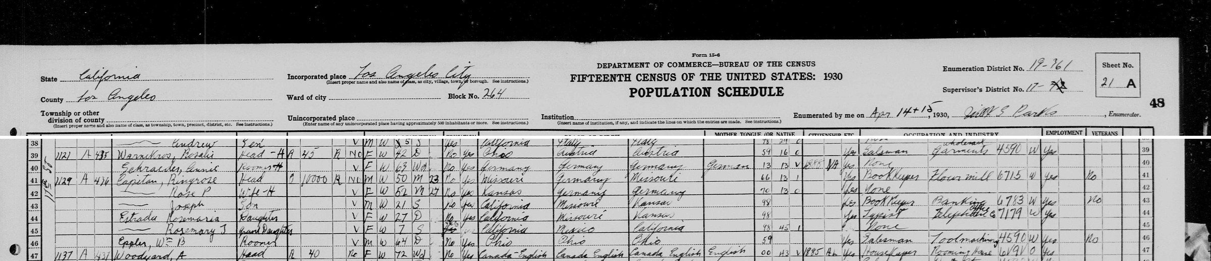 April 1930, Los Angeles: Ringrose Capitain, a bookkeeper at a flour mill; his wife Rose; their son Joseph; their daughter "Rosemaria Estrada," 27, divorced, a typist at the telephone company; and granddaughter Estrada, 7, with a father born in Mexico