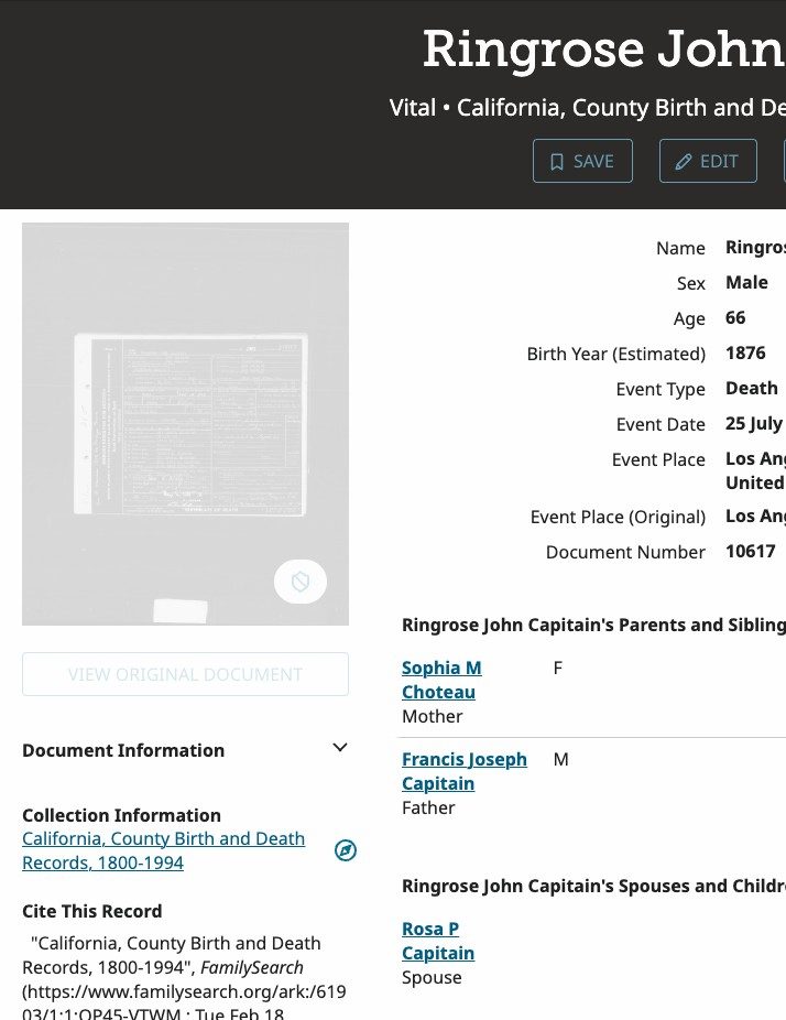 1942: Ringrose John Capitain's death record names his parents as Francis Joseph Capitain and "Sophia M Choteau