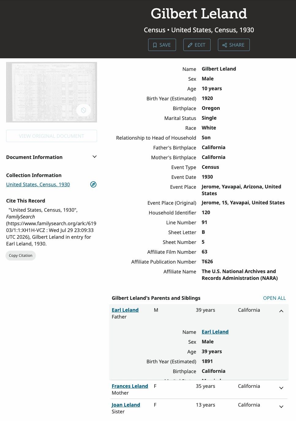 1930 census, Jerome, Arizona: the Earl Leland family, with Gilbert
