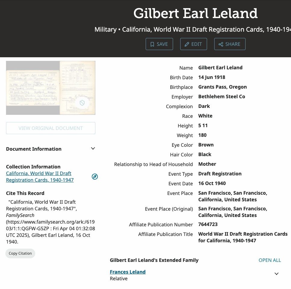 October 16, 1940: Gilbert Earl Leland's draft card
