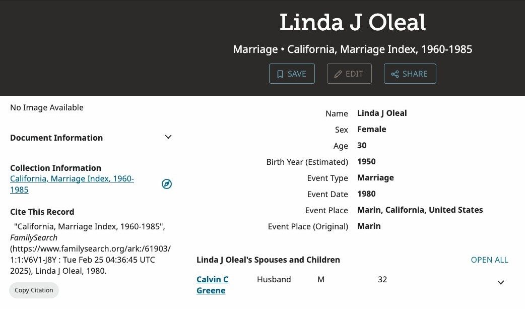 California Marriage Index: Linda J