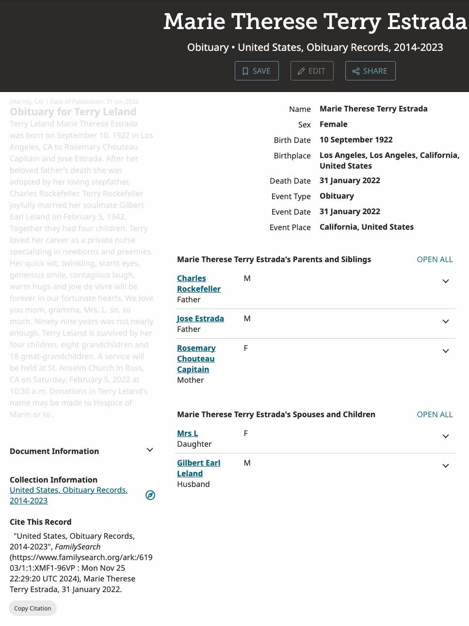 Steve's mother, Terry Leland: her 2022 obituary, as indexed