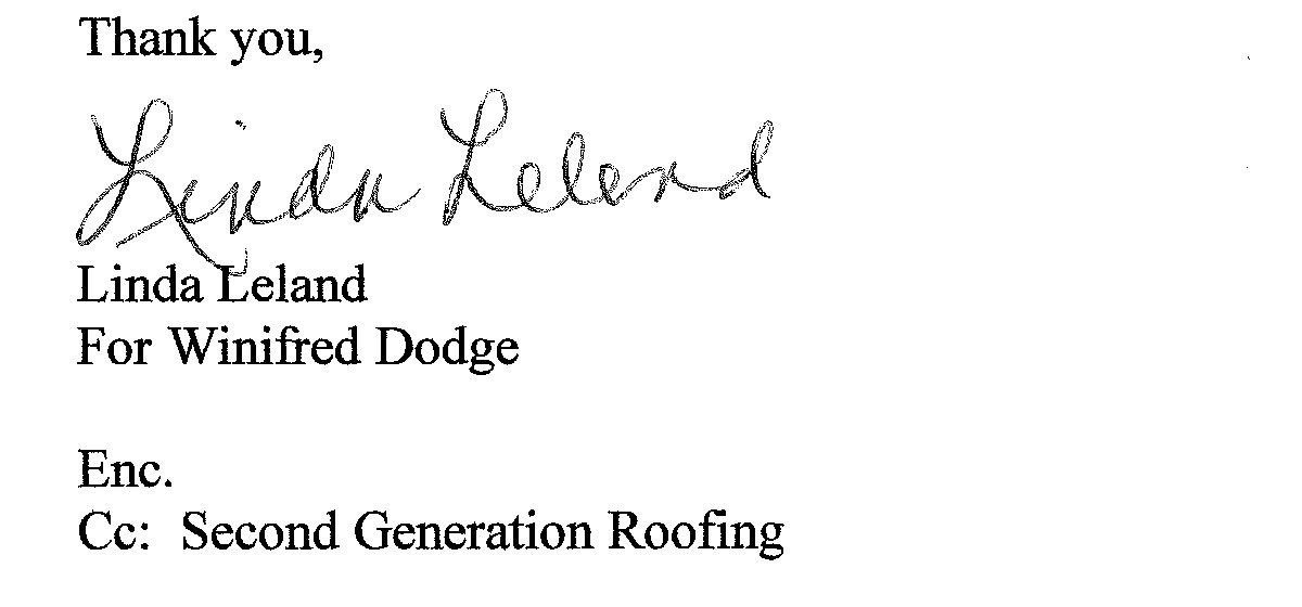 March 31, 2011: Linda signs a county permit letter "For Winifred Dodge