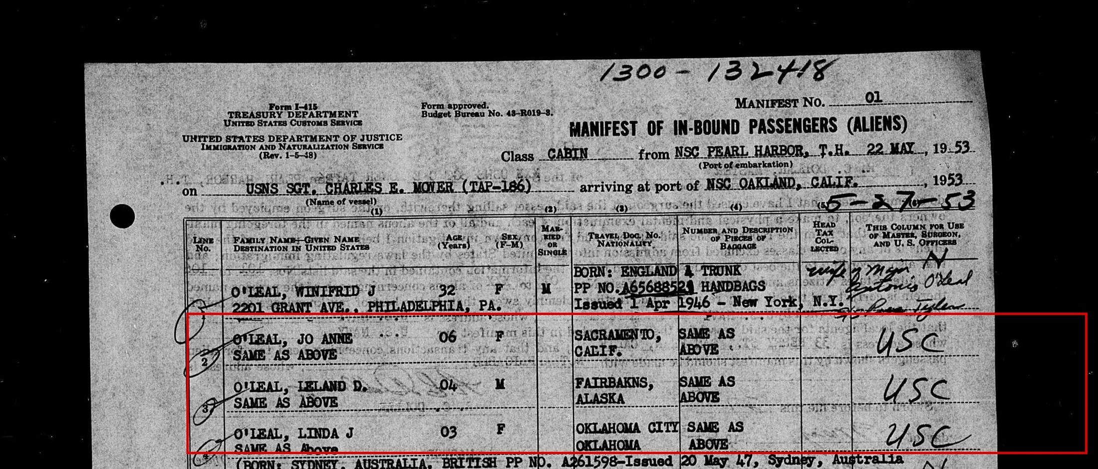 May 1953, Pearl Harbor to Oakland: "O'Leal, Linda J