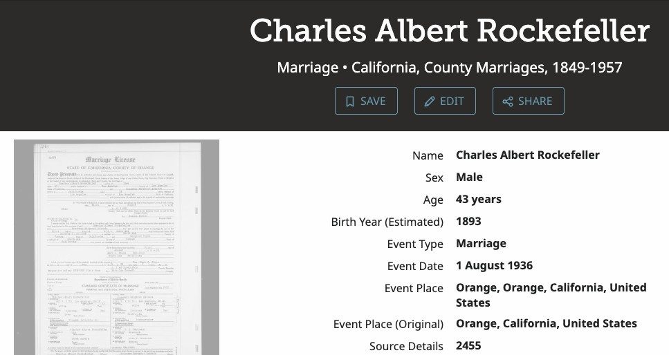 August 1, 1936, Orange, California: Charles Albert Rockefeller, 43, marries Rosemary Margaret Estrada, 33