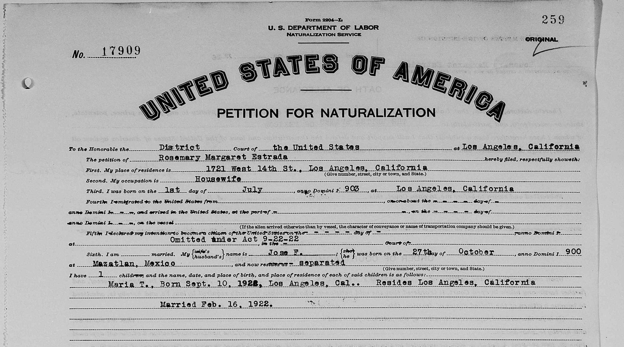 1926: Terry's mother, Rosemary Margaret Estrada, born in Los Angeles, has to apply for citizenship after marrying a Mexican citizen