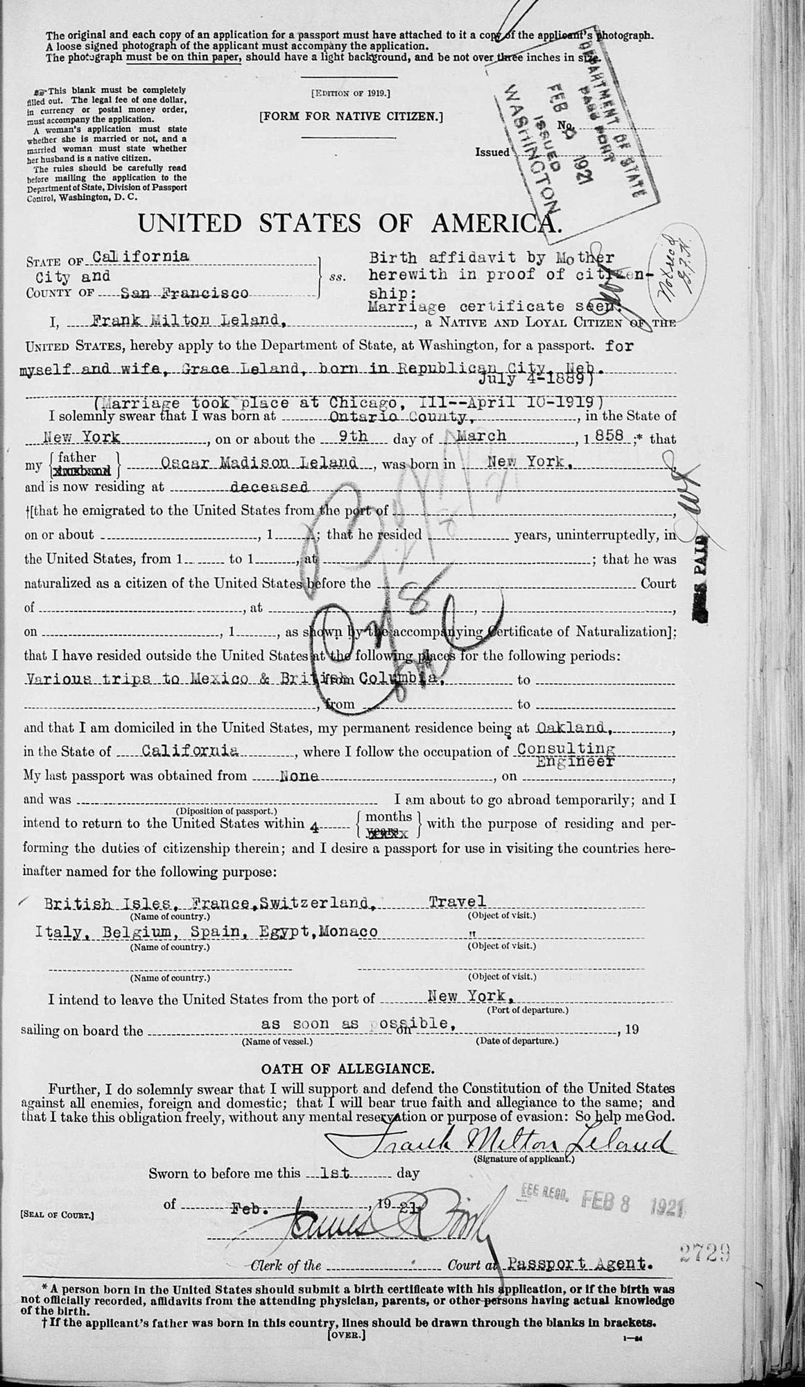 1921: Frank Milton Leland's passport application