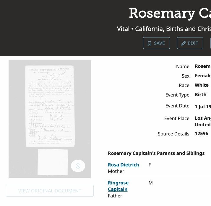 Rosemary Capitain's Los Angeles birth record: parents Ringrose Capitain and Rosa Dietrich