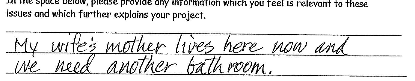 Steve's handwriting on the application: "My wife's mother lives here now and we need another bathroom