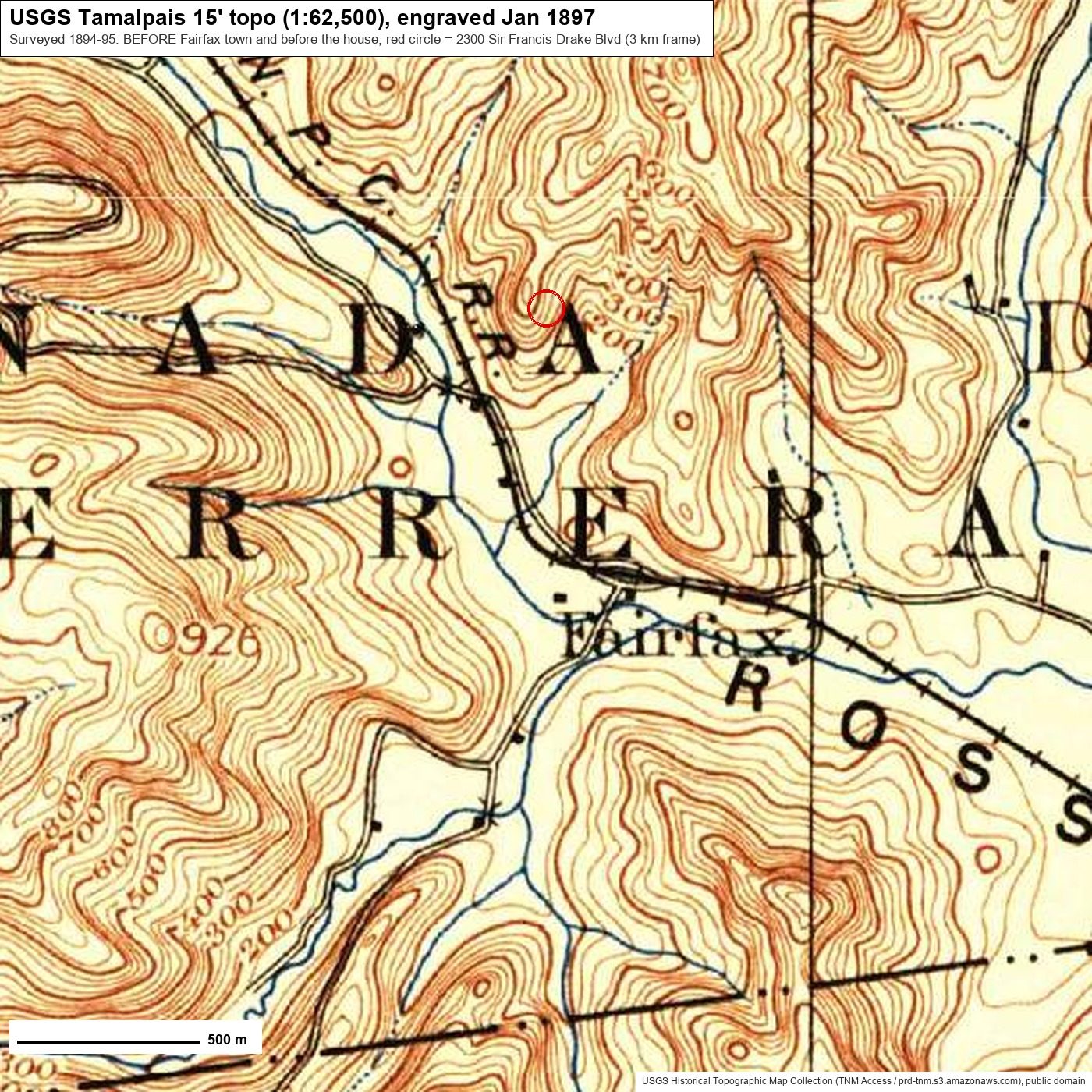 1897: open country west of Fairfax, with the North Pacific Coast Railroad running up the valley